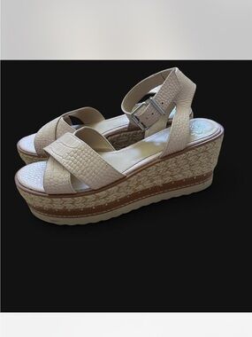 Vince Camuto Beige Croc-Embossed Platform Wedge Sandals